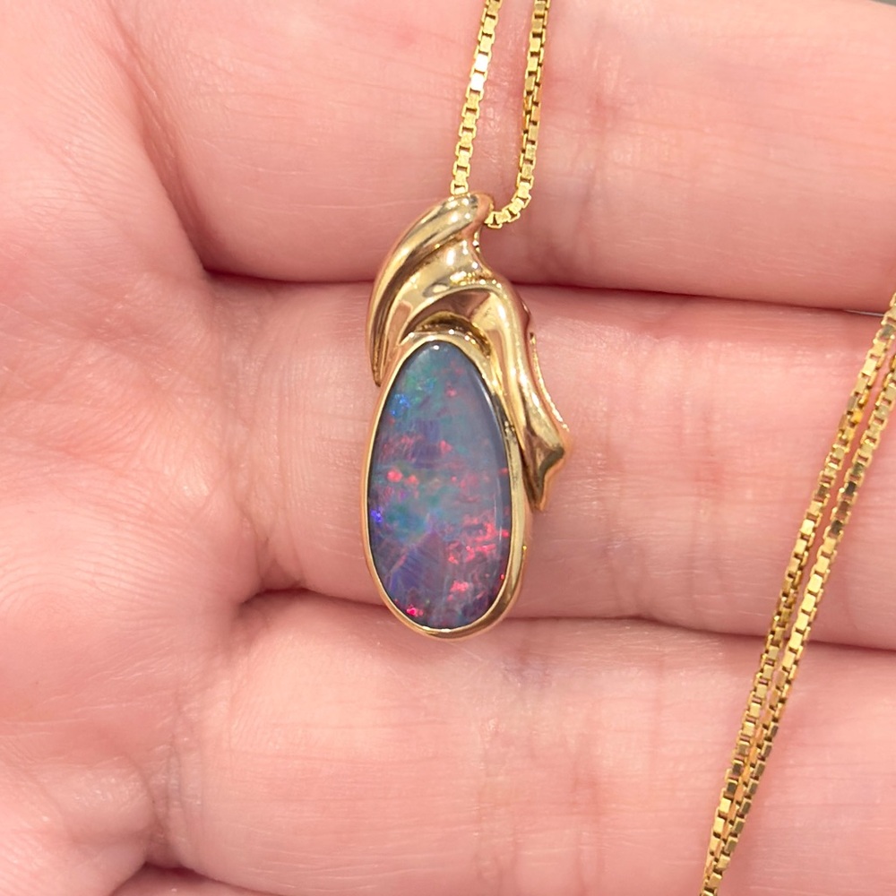 14K Australian Opal Pendant, Vintage Doublet, Crystal Dark Natural, Colorful IOG - Picture 6 of 14